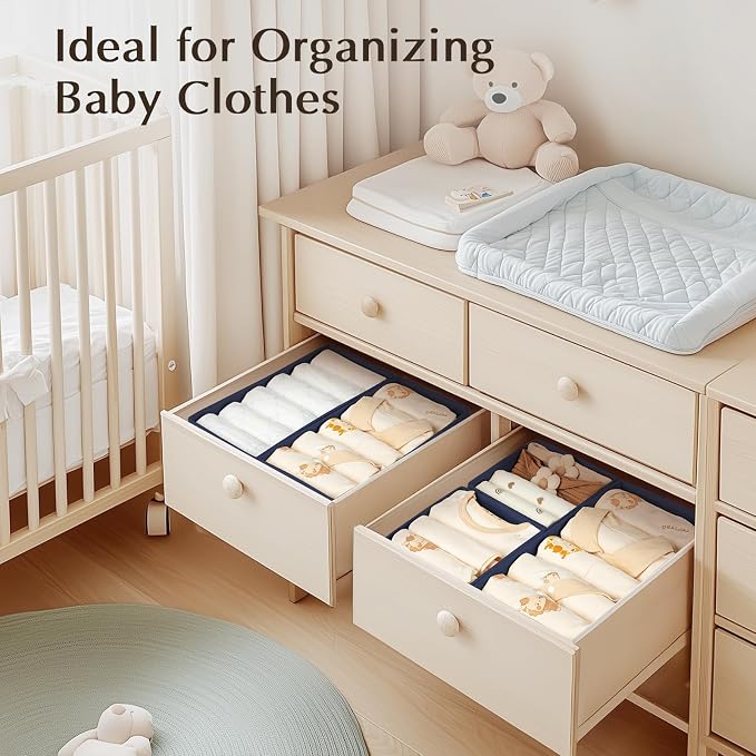 DIMJ Drawer Organizers Clothes, Set of 4 Dresser Organizer Bins, Fabric Closet Organizers and Storage, Shallow Drawer Dividers for Nursery, Clothing, Baby Clothes, Socks, Underwears, Tie (Navy Blue)