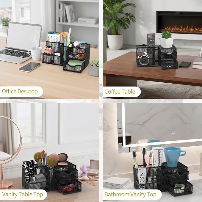 Mesh Desk Organizer with 2 Drawers and 5 Compartments, Pen Holder for Desk | Versatile Storage for Pens, Notes, Clips, Desk Accessories and Office Supplies for School Office Classroom
