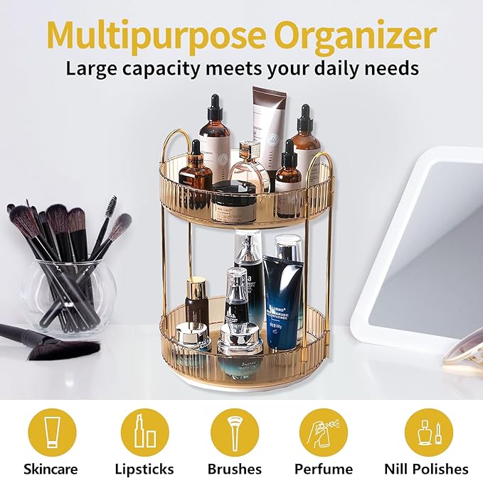 Asayuee 360 Rotating Gold Makeup Organizer,2 Tier Large Capacity Rotating Makeup Organizer,SkincarePerfume Organizer,Bathroom Cosmetics Storage Organizer Countertop (Gold-2 Tier)