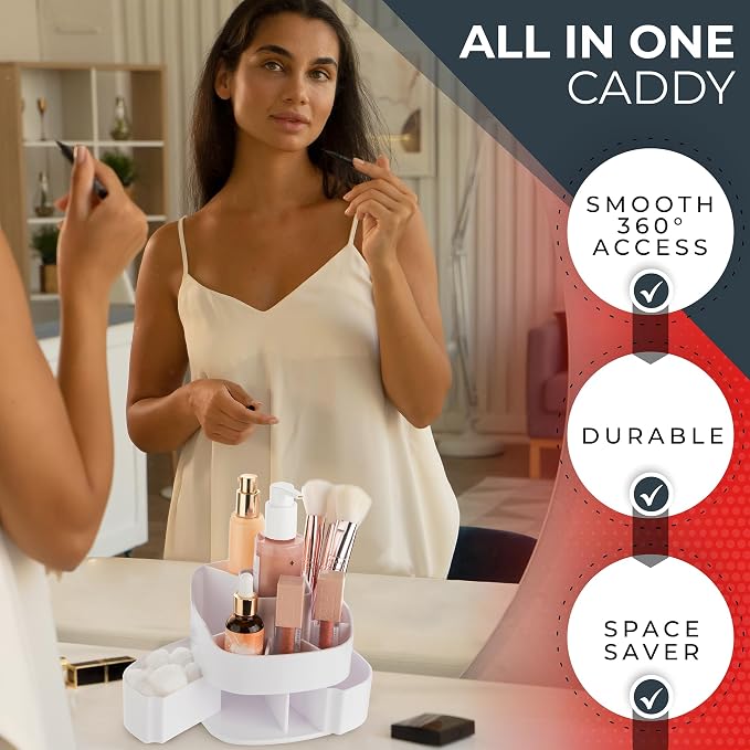 Masirs 360° Rotating Makeup Organizer – Small Acrylic Cosmetic Storage Caddy, 5 Compartments, Mini Lazy Susan for Vanity, Bathroom, Skincare, Brushes & Lipsticks, Square White