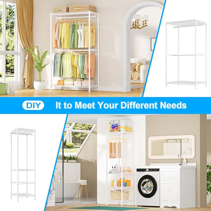 Ulif E10 Clothes Rack(With Stretchable Hanger Rod)Freestanding Clothing Racks for Hanging Clothes,Adjustable Closet Organizer System,Portable Garment Rack 73-97"W x 15" D x 72" H,Max Load 800LBS,White
