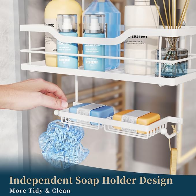 Consumest Over The Door Shower Caddy - 3 Tier Shower Organizer Hanging with Soap Holders, Large Capacity Shower Shelves with 6 Hooks, Bathroom Rack and Storage, White