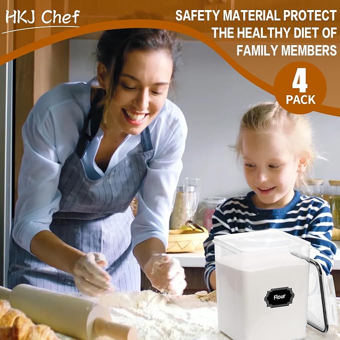 HKJ Chef 4 Pack Large Airtight Food Storage Containers with Lids (5.2L / 176oz), BPA Free Plastic Kitchen and Pantry Organization Contianers for Cereal Flour and Sugar Storage, Labels & Marker