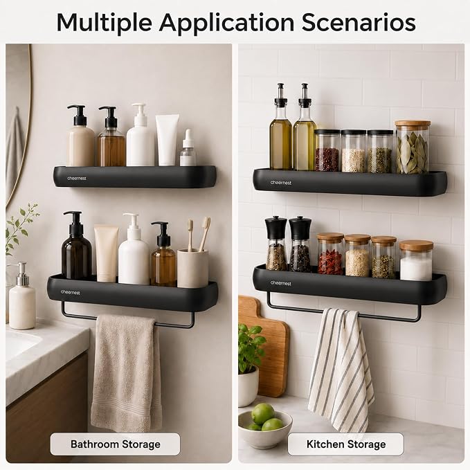 Shower Caddy Adhesive, No Drilling Rustproof Bath Organizer Shelf | Large Capacity,Includes Hooks&Hanging Bar, Aluminum Frame,2 Installation Ways,Wall-Mounted Bathroom Organizer Storage Shelves