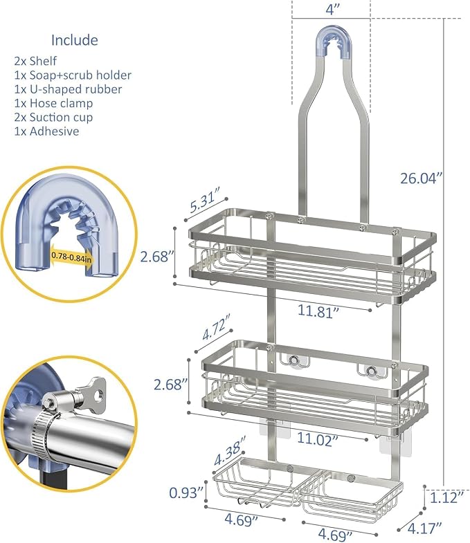 OMAIRA Shower Caddy Hanging with Soap Scrub Holder, Stainless Steel Adjustable No Drilling Non-Slip Large Capacity Sturdy Over Shower Head Shower Organizer Inside Shelves Bathroom Storage Rack, Silver