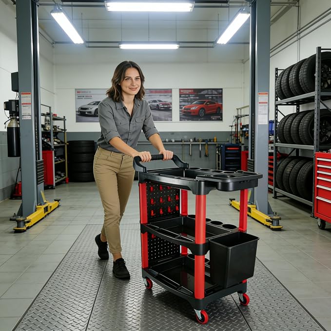 Auto Detailing Cart with Wheels, 3 Tier Rolling Detail Cart | With Long Hanging Plate, Hooks, Hanging Bucket and Cat Ear Basket, for Detailers Garage, Workshop, Repair Shop, Storage Tool