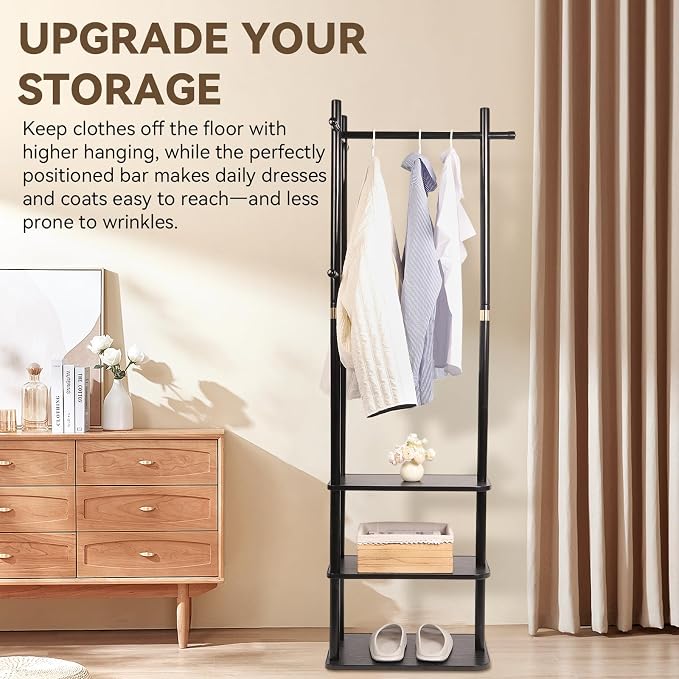 Wood Coat Rack Freestanding Clothing Rack with 3 Shelves and 5 Hooks | Heavy Duty Coat Tree Garment Rack Coat Hanger Stand for Corner Entryways Living Rooms and Bedrooms, Black