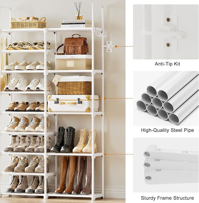 WOWLIVE 9 Tier 2-Column Shoe Rack, 30-35 Pairs Stackable White | Compact 33.75in long fits narrow spaces. Removable layers for boots/heels. Split design for flexible layout.