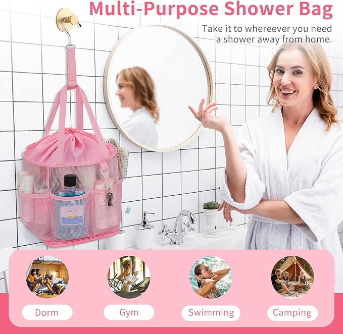 Shower Caddy Portable for College Dorm Room Essentials, Hanging Shower Caddy with Hook and Drawstring, Quick Dry Mesh Shower Bag with 6 Pockets for Bathroom, Swimming, Gym, Camping, Beach, Travel