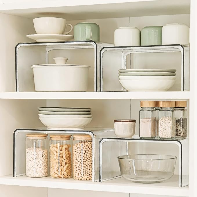 Bobomoment Clear Cabinet Organizer, Stackable Shelf Organizer Set of 4 | Kitchen Pantry Organizers and Storage, Display Cabinet Shelf Countertop Desk Shelves, Patented Spice Organization