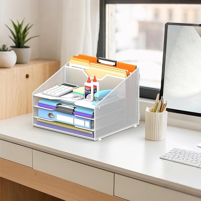Desk File Organizer, 4 Letter Trays and 2 Upright Sections, White | Paper Organizer for Desk with Tiered Letter Trays and Vertical File Holders for Home Office, School and Workspace Use
