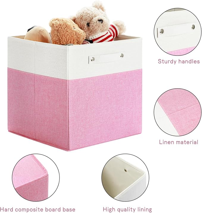 FinishingBo 13x13x13 Storage Cube Bins 6 Pack, Cube Shelf Baskets | Foldable Storage Cubes, Linen Storage Bins with Handles, Closet Organizers, White/Pink