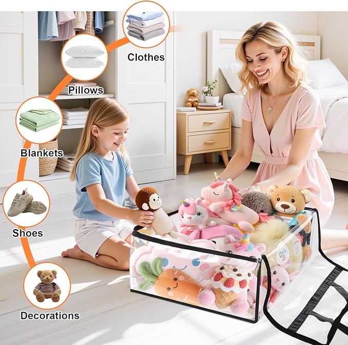 SpaceTrove Clear Storage Bags, 6-Pack Under Bed and Closet Organizers 90L | Clear PVC bags with zippers and handles, foldable waterproof moving bags store comforters, blankets, bedding, clothes and toy