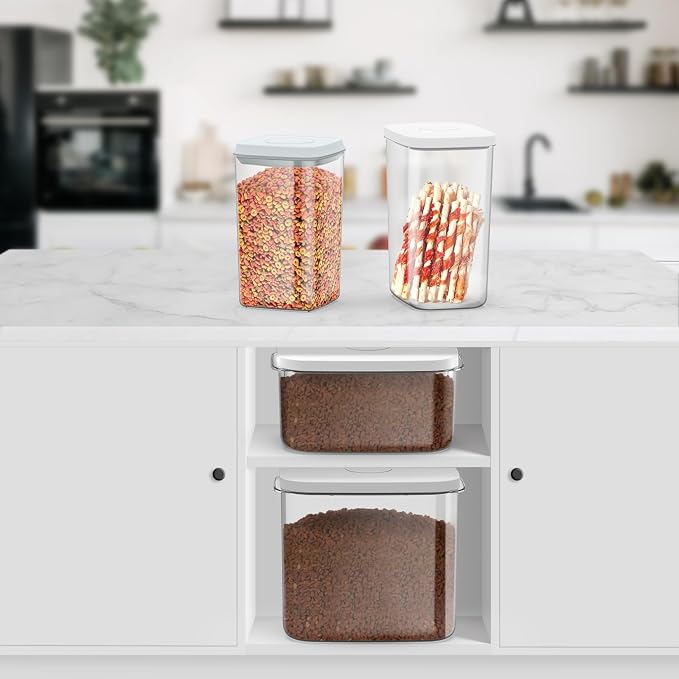 LEAWALK 4.2Qt 2Pack Airtight Dog Cat Food Storage Container and Dog Treat Containers BPA-Free, PET Clear Stackable Pet Storage Bin, 1 Cup Scoop, 1 Sponge cleaning brush, Pop Top, With handle (Grey)