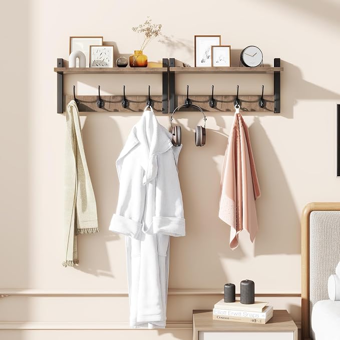 YMYNY Coat Rack Wall Mount with Shelf and Hooks, Silver Gray UHWS001Y-2 | 2 Pack Wooden Wall Mounted Coat Hanger with Shelf and 8 Double Hooks, Wall Coat Rack for Entryway Hallway Bedroom Bathroom