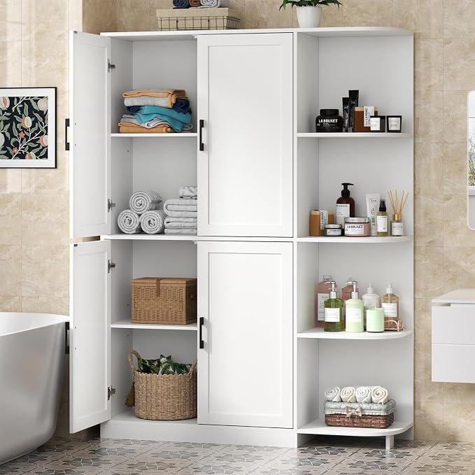 Kitchen Pantry Storage Cabinet, 64" Tall Freestanding Cupboard with Doors & Adjustable Shelves, Food Pantry Cabinet with 5-Tier External Shelf for Dining Room (White)