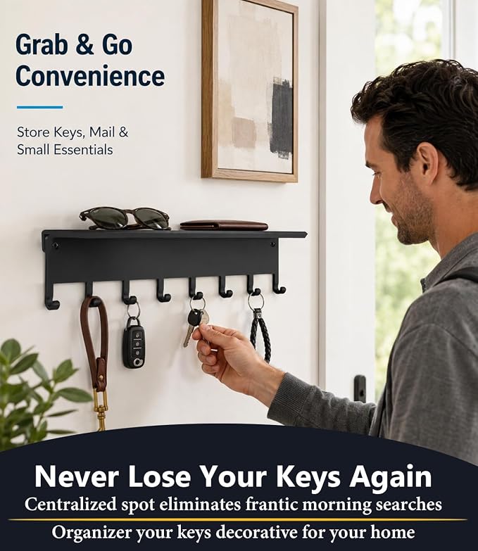 Key Holder Hooks Organizer Shelf Hanger Rack Wall Mounted Sweet Home Metal Decor Stylish and Practical for Entryway Front Door Kitchen Hallway Garage Mudroom Office Hardware Included Black