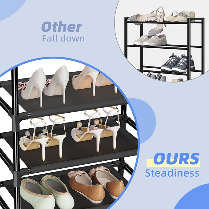 Simple Trending Tall Shoe Rack for Closet, 10 Tiers Narrow Shoe Shelf Holds 20 Pairs, Shoe Organizer Storage with Hooks, Black