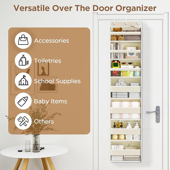 Mefirt Over The Door Organizer, 7 Tier Door Hanging Organizers with 7 Large Pockets 14 Side Pockets, Behind Door Storage Hanging Shelves for Closet Bathroom Bedroom Nursery