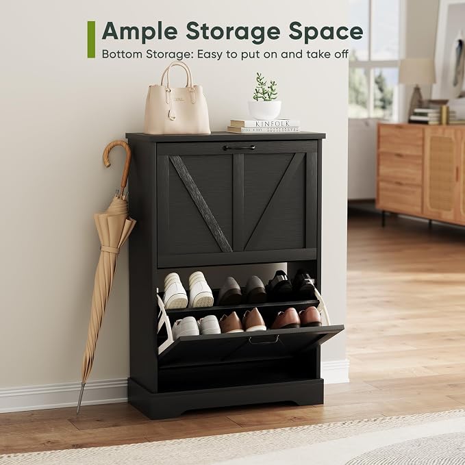 Smart FENDEE Shoe Cabinet, Shoe Storage Cabinet for Entryway with 2 Flip Drawers, Narrow Farmhouse Shoe Organizer Cabinet, Slim Shoe Rack Cabinet, 23.6in Black