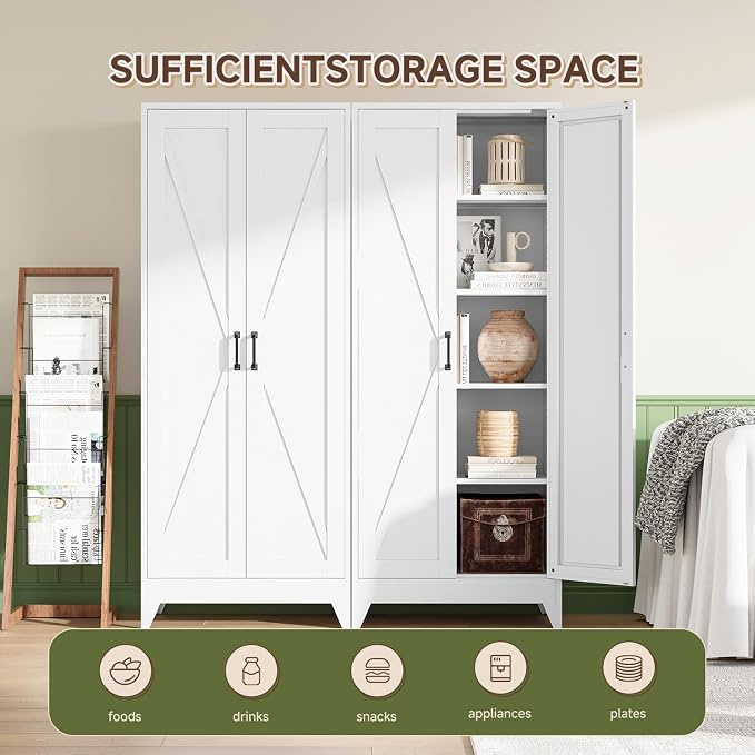 Letaya 75" H Metal Storage Cabinet with 2 Doors and 4 Shelves,Tall Kitchen Pantry Cabinets,Farmhouse Utility Pantry Organizers for Cupboard/Dining/Bathroom/Home Office/Garage,White