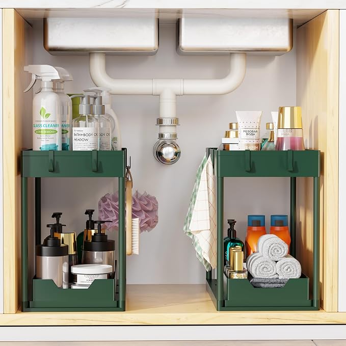 Simple Trending Under Sink Organizer 2 Pack, Sink Pull-Out Sliding Storage Cabinet, 2-Tier Under Shelf Organizer for Kitchen Bathroom, Green
