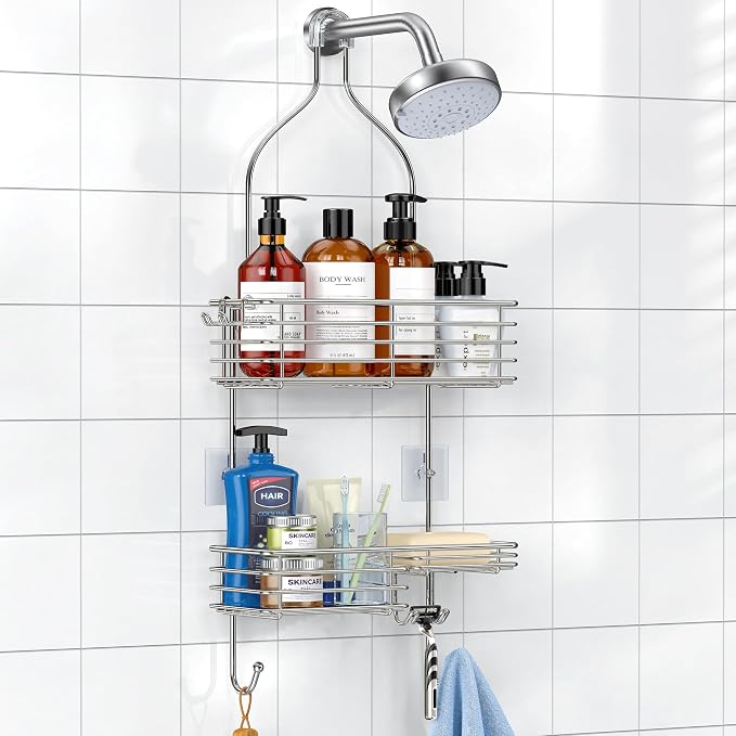 SMARTAKE Hanging Shower Head Caddy, Shower Shelf Organizer, Silver | SUS201 Rustproof Stainless Steel Over The Storage Rack, for Toilet, Bathroom