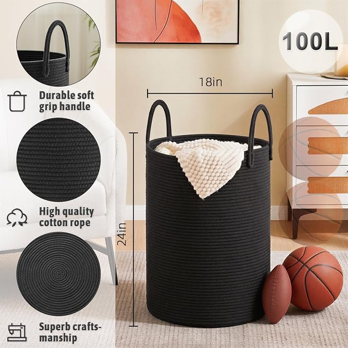 Artfeel Laundry Basket,Woven Cotton Rope Laundry Hamper,100L for Decorative Storage of Dirty Clothes,Toys and Blankets in Bathroom,Baby Room and Living Room