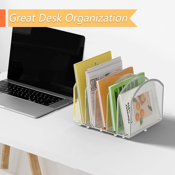MINDEPOT Desk File Organizer 5 Sections Desktop Organizer File Sorter Office Organization File Folder Holder for Office School & Classroom (Silver, 5 Section - 1Pack)
