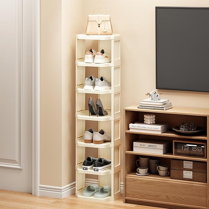 Kitstorack Vertical Shoe Rack: 8 Tiers Stackable Shoe Rack for Closet DIY Free Standing Shoe Organizer Small Shoe Shelf for Small Spaces and Narrow Spaces Plastic, White