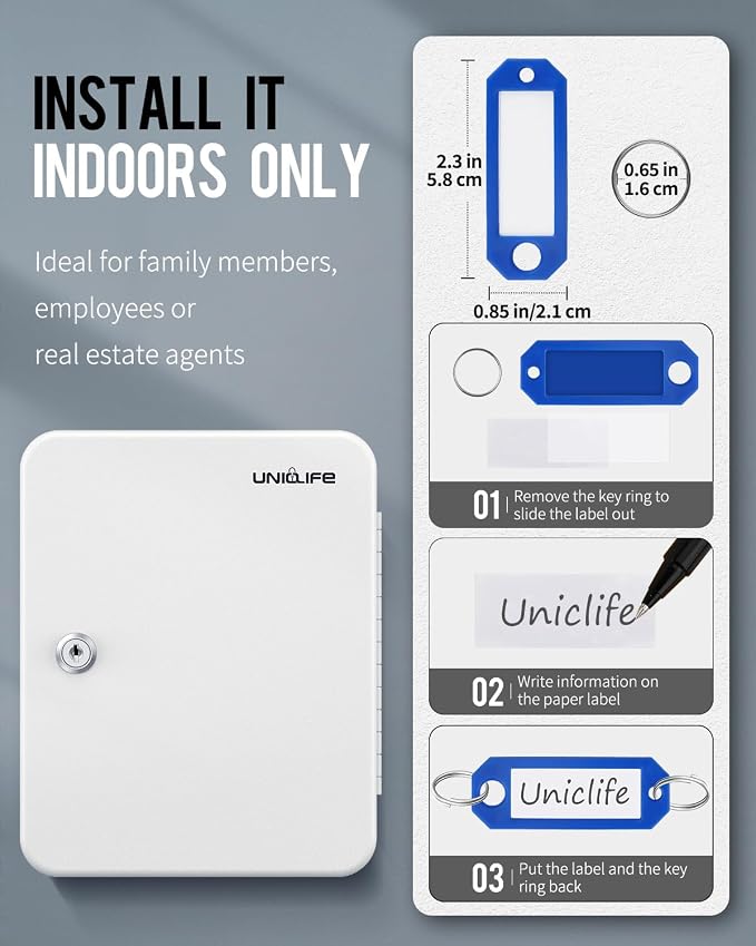 Uniclife 28 Position Key Cabinet with Key Lock Wall Mounted White Security Storage Box Steel Key Organizer with Colorful Key Tag Labels Stickers and Hooks