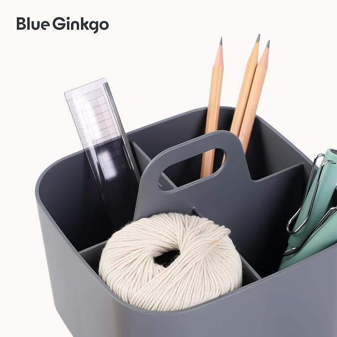 BLUE GINKGO Stackable Organizer Caddy, Square, Dark Grey, Made in Korea | Portable. Adjustable. Home, Office & School Storage.