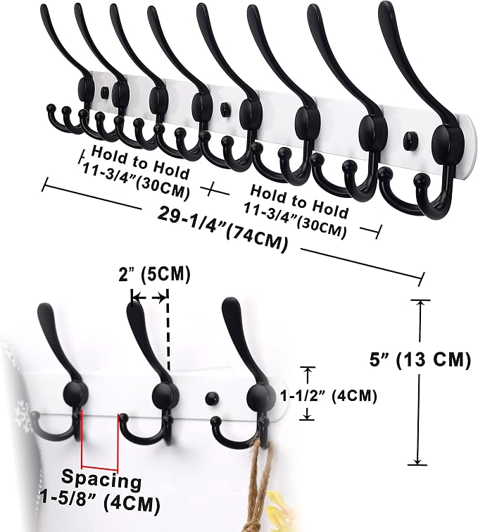 Dseap Coat Rack Wall Mount - 29.5” Long 8-Tri-Hooks Heavy Duty Coat Hanger Rail Wall Hooks for Hanging Coats Hats Clothing Clothes Purse Mudroom Entryway, White & Black, Pack of 2
