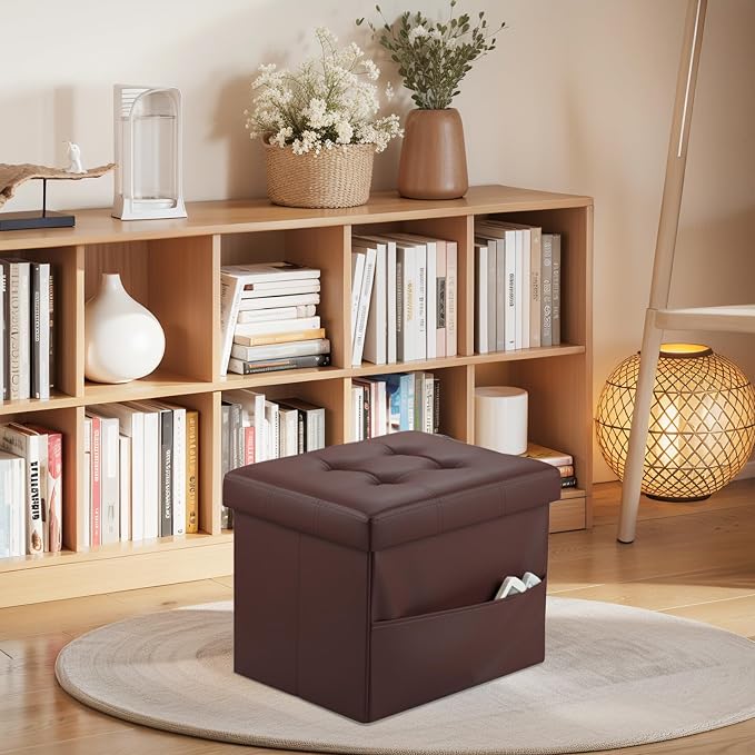 Bsketa Storage Ottoman Bench,17 Inch Folding Leather Foot Rest Stool, Brown | Small Ottoman with Side Pockets, Thicker Foam Padded Seat, Livingroom, Dorm, Bedroom, Easy to install, 43L,17x13x13in