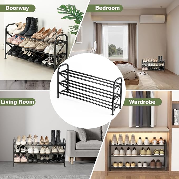 3 Tier Expandable Shoe Rack for Closet, Adjustable Small Shoe Organizer Storage, Heavy Metal Free Standing Narrow Shoe Racks for Entryway, Garage, Doorway Black 16"-33"