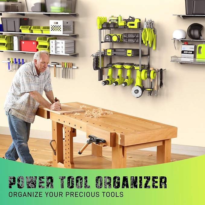 SUNALLY Power Tool Organizer, 4 Drill Holder Wall Mount Tool Storage Rack | Metal Tool Storage Rack with 4 Drill Holders, Heavy Duty Power Tool Shelf for Garage,Warehouse,Workshop, Gift for Men,Husband