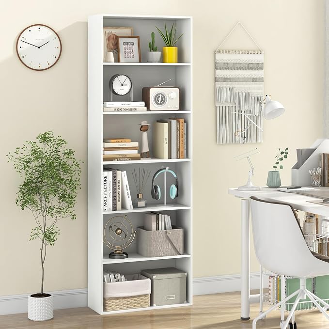 Giantex 6-Tier Bookcase, 70" Tall Wooden Bookshelf, Freestanding Storage Organizer w/Open Shelves, Anti-Tipping Kits, Modern Floor Standing Display Shelves for Living Room, Bedroom (1,White)