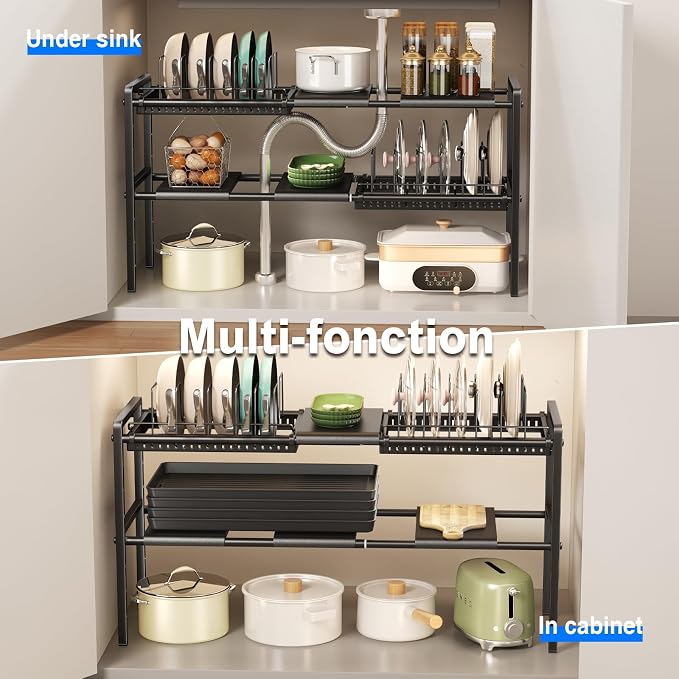 Mustorn Pots and Pans Organizer Under Cabinet, Expandable 2 Tier Under Sink Organizers and Storage Adjustable Height Kitchen Pot and Pan Lid Holder Rack with 12 Dividers Under Cabinet Shelf(Black)