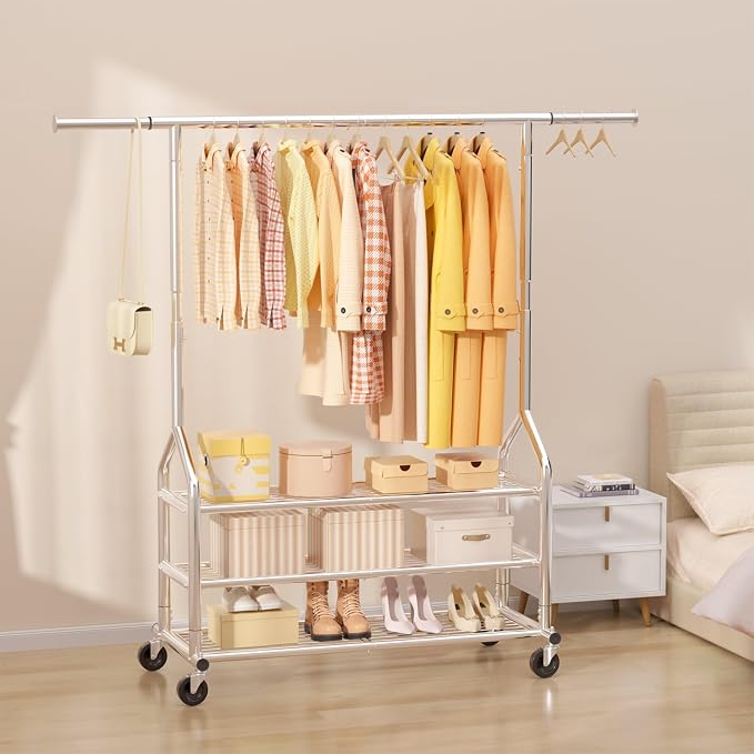 EAGMAK Heavy Duty Clothes Rack Load 688 LBS, Rolling Clothing Rack With 3 Shelves, Adjustable Metal Clothes Hanger with Wheels Portable Wardrobe Organizer Garment Rod for Hanging Clothes (Silver)