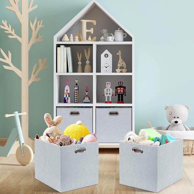 Posprica 13x15x13in Collapsible Storage Bins, Fabric Foldable Cube Storage Boxes, Decorative Storage Baskets Organizer for IKEA Kallax, Shelves, Closet, Clothes, Set of 4-Grey