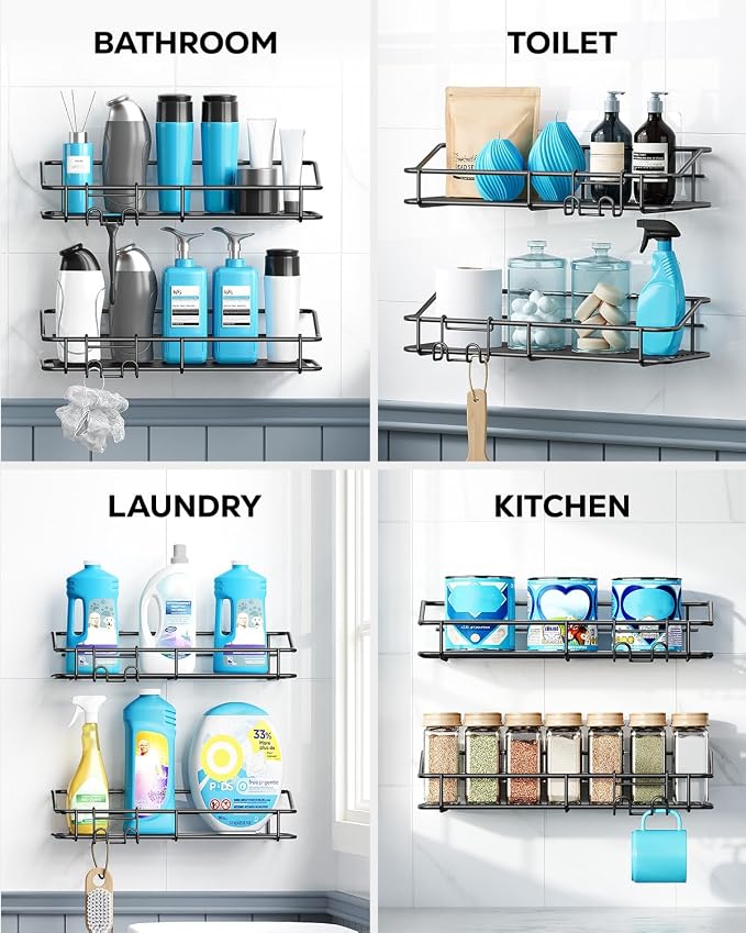 Nieifi Shower Caddy Shelf with Hooks Storage Rack Organizer Adhesive Stainless Steel without Drilling for Bathroom, Lavatory, Washroom, Restroom, Shower, Toilet, Kitchen (Black, 3 Pack)