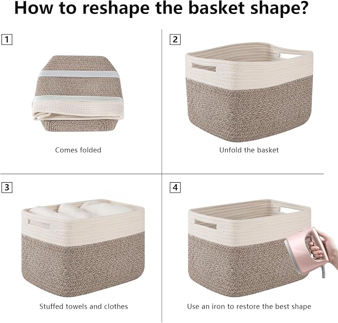 OIAHOMY 4 Pack Storage Basket, 13"x9"x7.8" Cotton Rope Baskets for Shelves, Closet Organizer for Bedroom & Living Room, Soft Decorative Bins for Organizing Towels, Books & Toys, Deep Brown & White