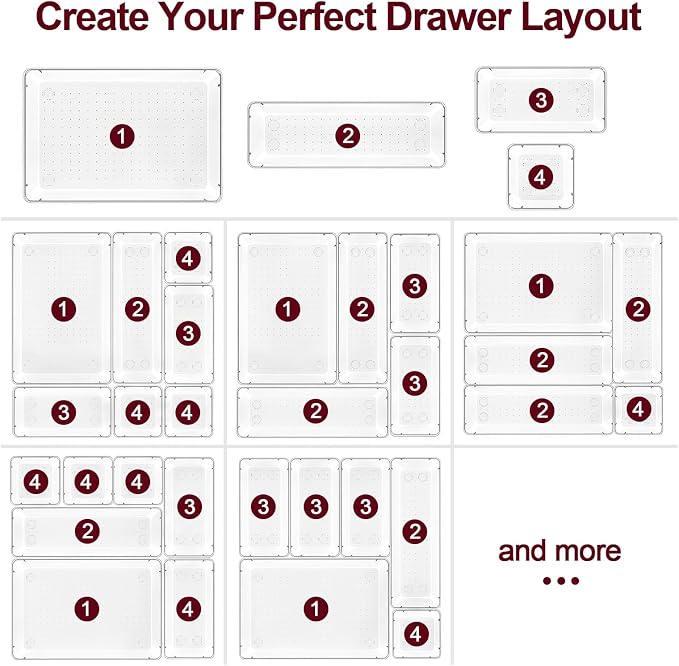 44 Pcs Makeup Drawer Organizer Set, 4 Sizes Versatile Vanity Drawer Organizer for Makeup, Non-Slip Desk Organizer Trays for Bathroom, Bedroom, Office, Fits Jewelry and Office Supplies