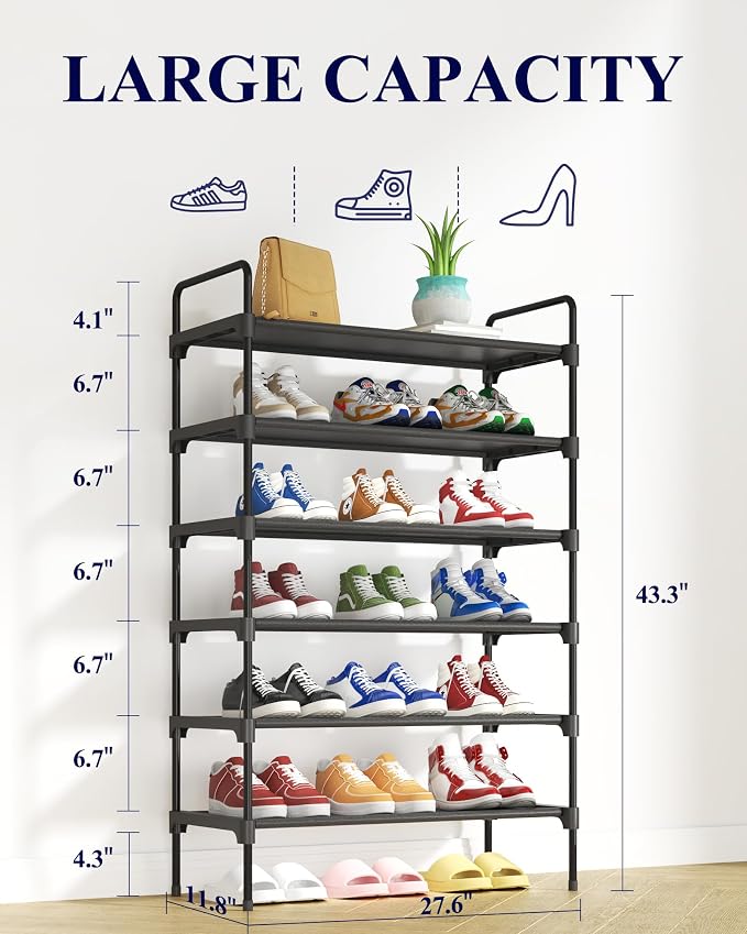 Kitsure Shoe Rack for Closet, Shoe Storage, 27.6" Wide - 6 Tiers, Black | Shoe Organizer for Closet, Entryway, Living Room, Space-Saving Shoe Shelf, Sturdy Zapateras Organizer