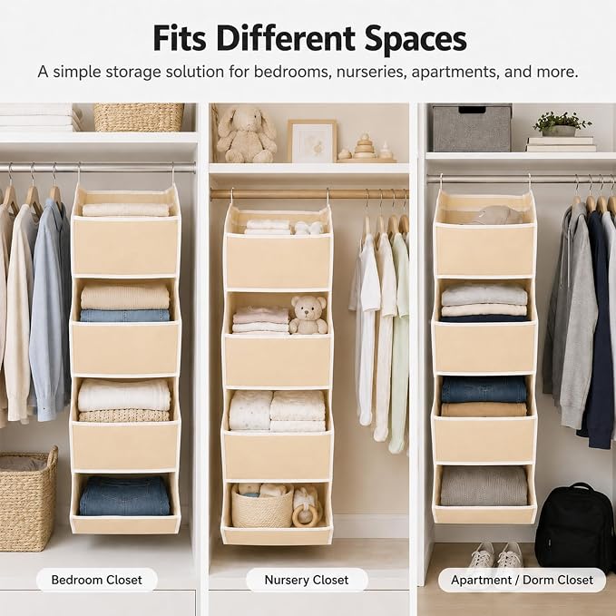 4-Shelf Hanging Closet Organizer and Storage, Fabric Storage Bins Bedroom Organization with Mesh Pockets, Collapsible Hanging Shelves Wardrobe Organization for Home, Dorm, Rv (Beige)