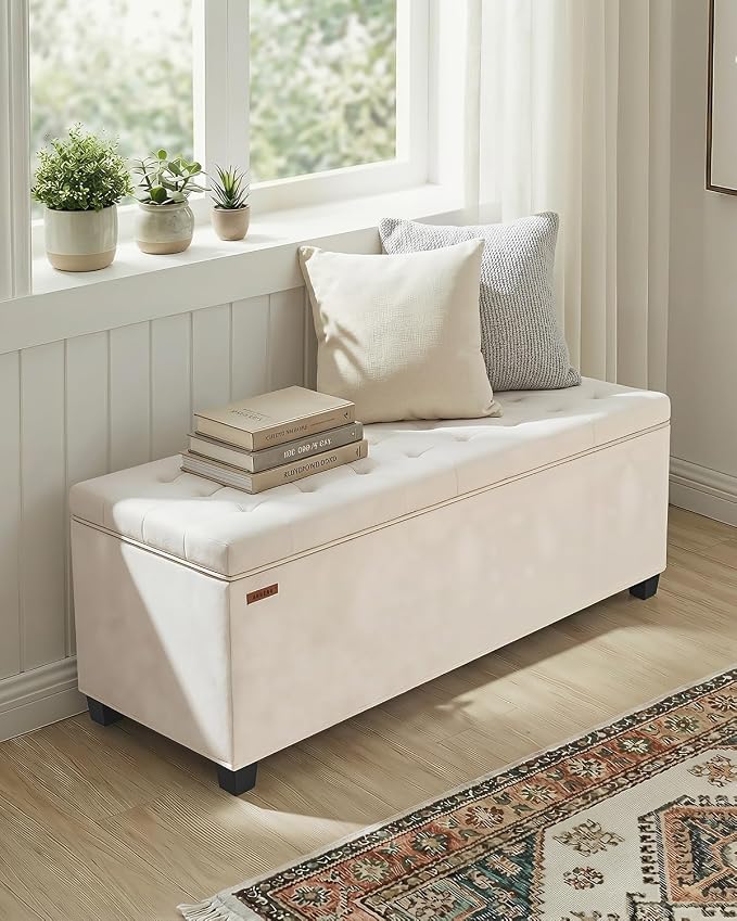 ABHENG Velvet Storage ottoman bench with legs,43.5”W x 15.7”D x 15.7”H,metal frame end of bed bench hold up to 770 LB,Large Storage Chest hold up to 770 LB,White UASND623W