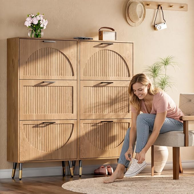 Farmhouse Shoe Cabinet Storage for Entryway, Slim Shoe Rack Cabinet with 3 Flip Drawers, Narrow Shoe Organizer Cabinet with Stylish Round Panel, Metal Leg and Handle