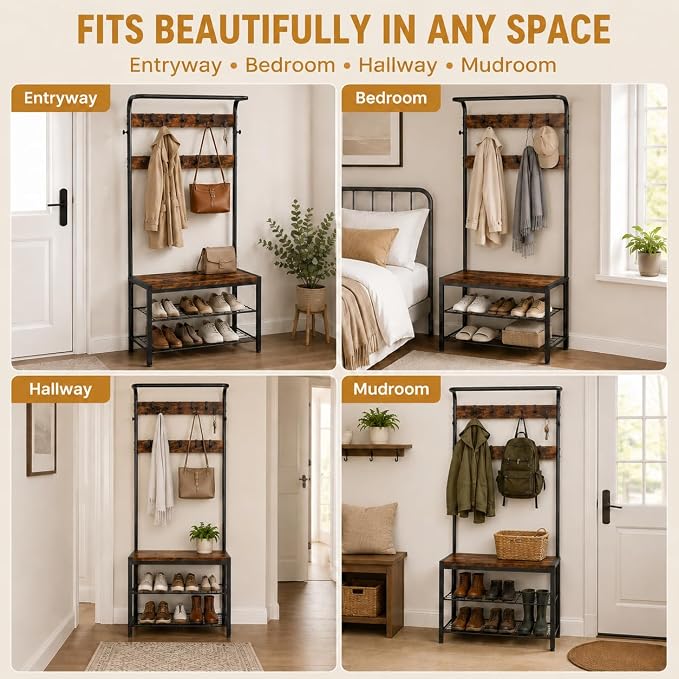 Simple Deluxe 4-in-1 Hall Tree with Bench and Shoe Storage, Entryway Coat Rack with 10 Hooks, Freestanding Mudroom Organizer with 2-Tier Shoe Rack for Entryway Bedroom Foyer, Brown