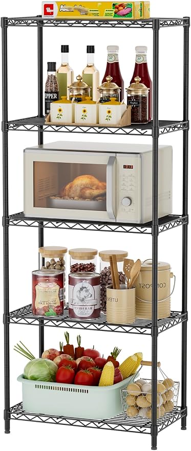 SINGAYE 5 Metal Shelves Wire Shelving Storage Shelf Adjustable Unit Pantry | 5 Tier Kitchen Laundry Room Organization Home Pantry Closet Bathroom Organizers Garage Rack 12" D x 22" W x 59" H Black