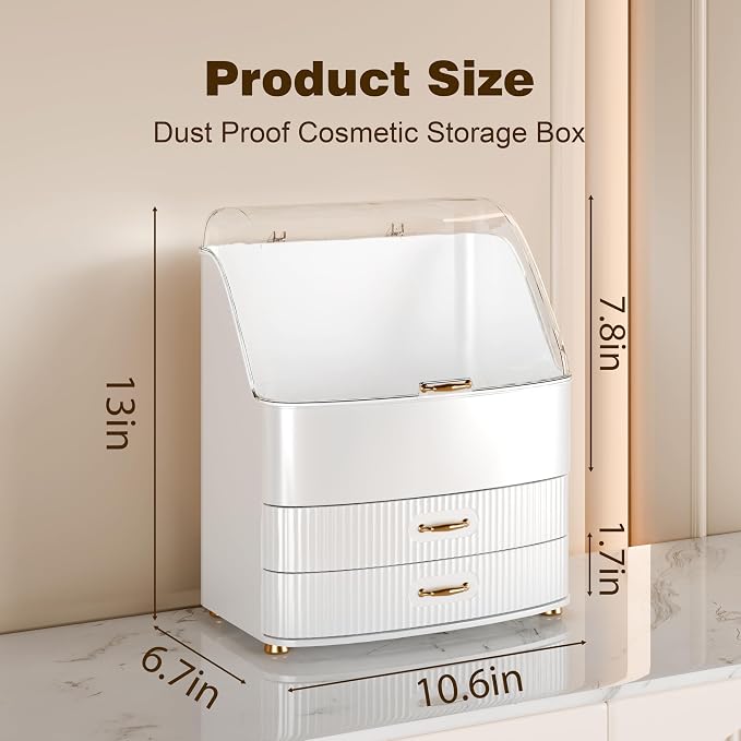 Makeup Organizer Countertop Vanity with Transparent Lid Drawers Waterproof Dustproof Cosmetic Skincare Bathroom Storage Gift for Women Teens Girls (White)